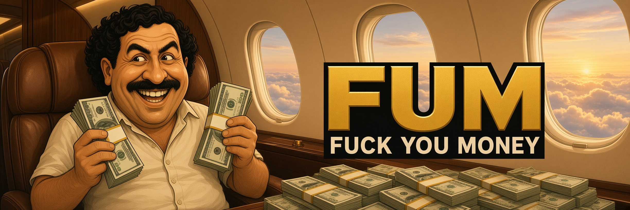 Official FUM art: gold wordmark in a private jet cabin